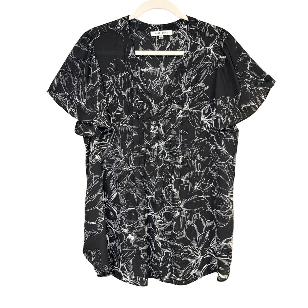 Rose + Olive Black Floral -Neck Blouse Plus 1X Short Sleeve Top Office Work - Picture 2 of 7
